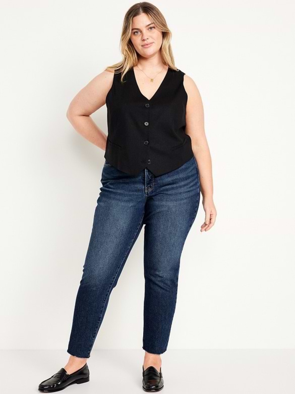 NEW Minimalist Old Navy OG Straight Jeans High Rise Button Fly Dark Wash Raw Hem